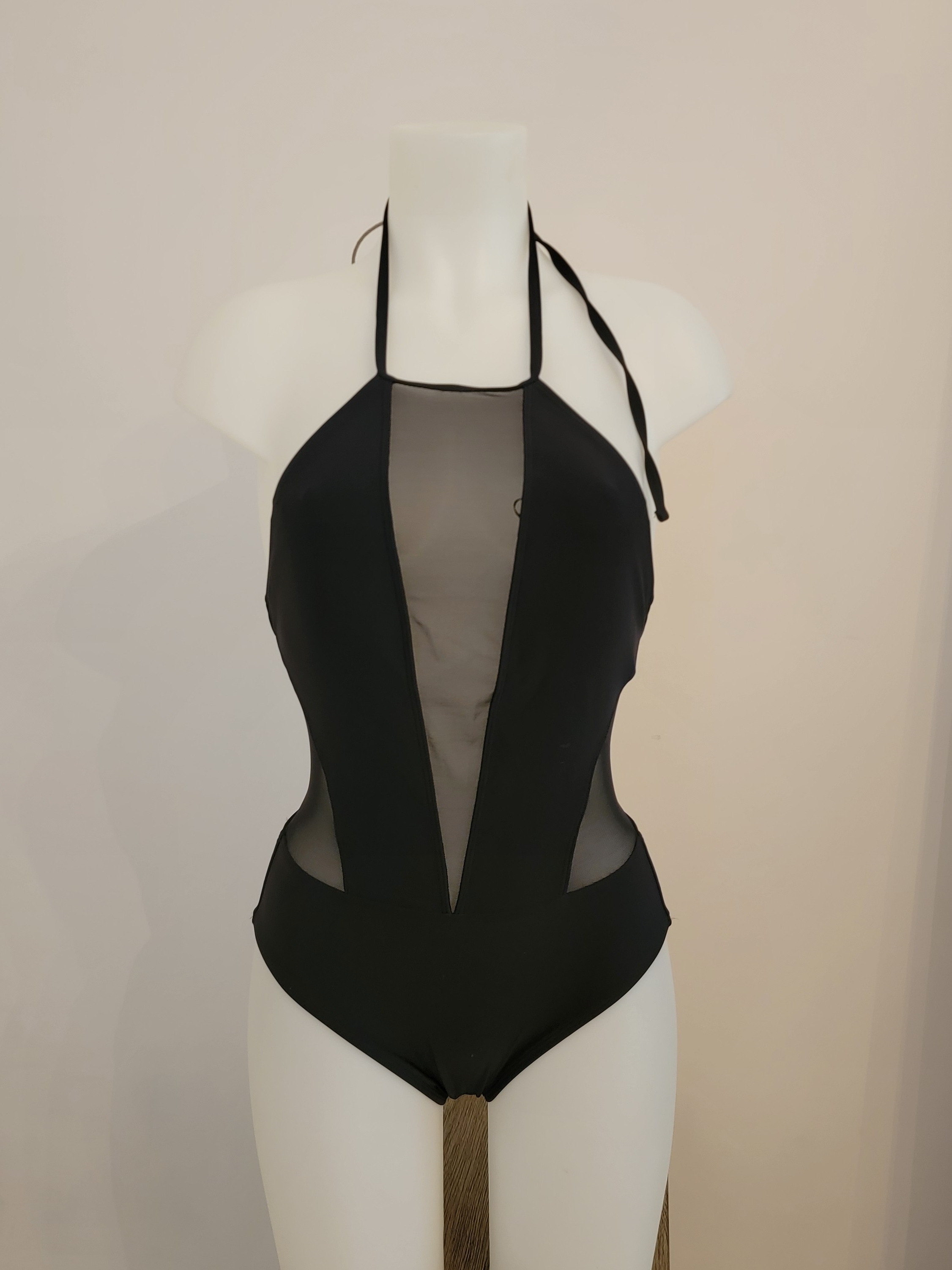 Ted Baker Black Halter One-Piece Swimsuit With Sheer Mesh Panels